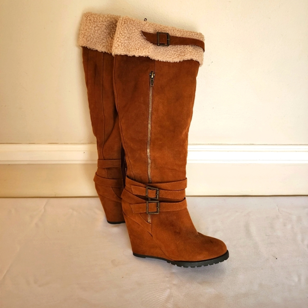 Justfab Knee High Wedge Boots Brown w/Fau Fur at Calf Size 9